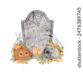 Spooky Halloween composition featuring a cracked tombstone with spider webs, a skull, jack-o