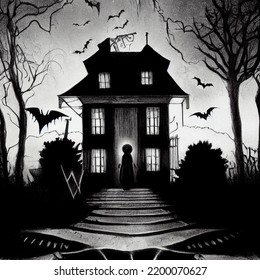 Spooky halloween house and spooky garden  creepy  happy halloween  black   white drawing