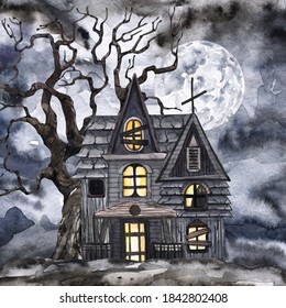 Spooky Halloween illustration  Dark scary scene and watercolor hand painted haunted house  creepy dead tree  night sky   full moon 