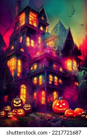 Spooky Halloween Mansion Creepy Night, Haunted Mansion Halloween Building, Spooky House Halloween Theme Background, Dark House Horror Garden Halloween Illustration