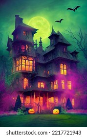 Spooky Halloween Mansion Creepy Night, Haunted Mansion Halloween Building, Spooky House Halloween Theme Background, Dark House Horror Garden Halloween Illustration