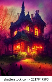 Spooky Halloween Mansion Creepy Night, Haunted Mansion Halloween Building, Spooky House Halloween Theme Background, Dark House Horror Garden Halloween Illustration