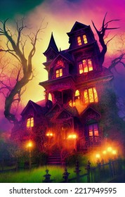 Spooky Halloween Mansion Creepy Night, Haunted Mansion Halloween Building, Spooky House Halloween Theme Background, Dark House Horror Garden Halloween Illustration