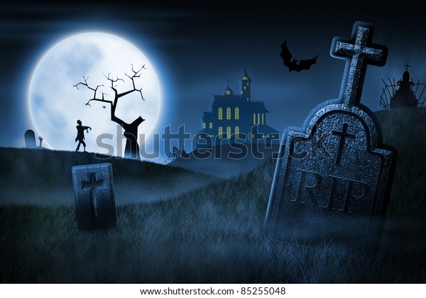 不気味なハロウィーンの夜 霧の多い墓地とお化け屋敷を背景に のイラスト素材