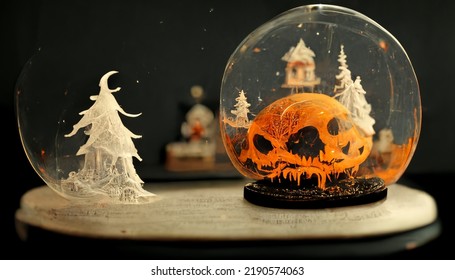 Spooky Halloween Party In Snow Globe Crystal Ball For Decoration On Table Background. 3D Illustration Rendering