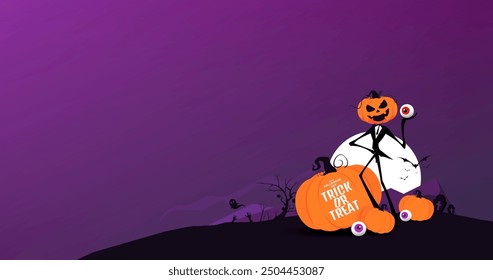 Spooky Halloween scene featuring a pumpkin-headed figure under a full moon, with bats, ghosts, and eerie purple background, perfect for Halloween decorations and designs. - Powered by Shutterstock