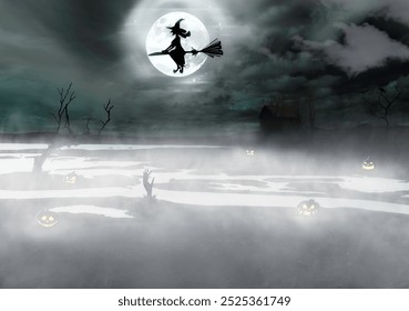 A spooky Halloween scene with a witch flying on a broomstick against a full moon in a misty landscape. The eerie setting includes glowing jack-o'-lanterns scattered in the foggy pumpkin patch. - Powered by Shutterstock