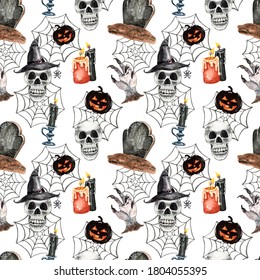 Spooky Halloween seamless pattern  Watercolor hand painted elements symbols October holiday  Scary skull  tombstone  Jack O lantern  dead men hand  web  white background 