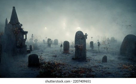 Spooky Haunted Graveyard Night Misty Scene