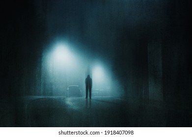 A spooky hooded figure. Standing in a street in a town on a foggy winters night. With a grunge, artistic, edit