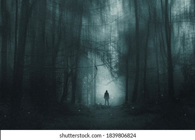 A spooky hooded figure, standing in a winter forest. With glowing supernatural lights. With a blurred, grunge, grainy edit
