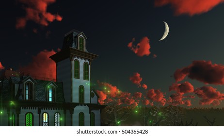 Spooky mystical mansion under dramatic night sky with fantastic sunset clouds and big half moon. Decorative Halloween 3D illustration.