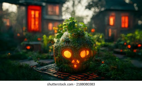 Spooky Pumping And Haunted House Background, Halloween Cinematic Concept  3d Rendering