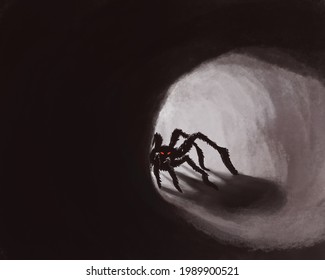Spooky scary dark illustration. A huge black spider in a tunnel or cave that looks with red eyes at the camera. arachnophobia