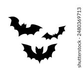 Spooky silhouette of a flock of bats flying across a starry night sky. flying bats icon, Halloween flying bats. Decoration element from scattered silhouettes. Swarm of bats on png format