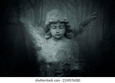 A Spooky Statue Of A Graveyard Angel With Wings Representing Grief And Death. With A Grunge, Texture. 