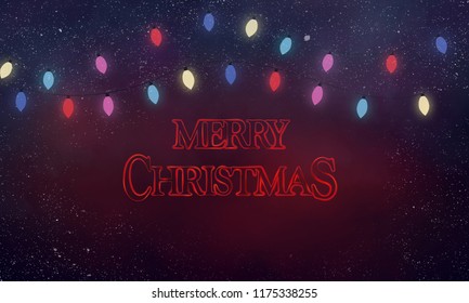Spooky stranger things  Christmas card 80s scary style with Christmas lights and red text Merry Christmas  and snow in background