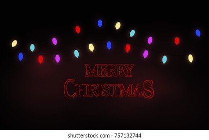 Spooky stranger things  Christmas card 80s scary style with Christmas lights and red text Merry Christmas  