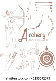 Sport alphabet hand drawn line art set archery