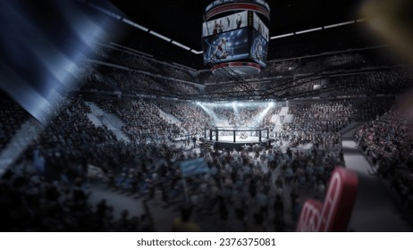 Sport arena with fans and shining spotlights. Fighting Championship. Full tribune. MMA octagon. Digital sport 3D. MMA cage night. Fight night. Sport