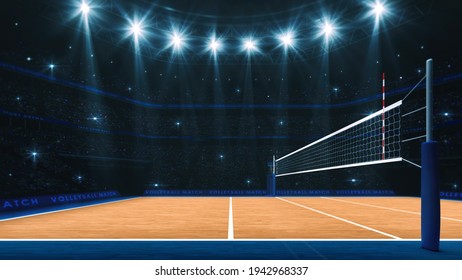 Sport arena interior and professional volleyball court and crowd of fans around. Player's view of the net from side. Digital 3D illustration.