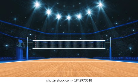 Sport arena interior and professional volleyball court and crowd of fans around. Player's view of the net from the front. Digital 3D illustration.