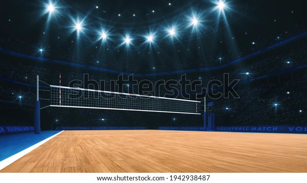 Sport arena interior and professional\
volleyball court and crowd of fans around. The player\'s view when\
serving. Digital 3D\
illustration.