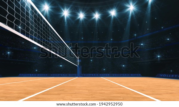 Sport arena interior and professional\
volleyball court and crowd of fans around. View of the player from\
under the net. Digital 3D\
illustration.