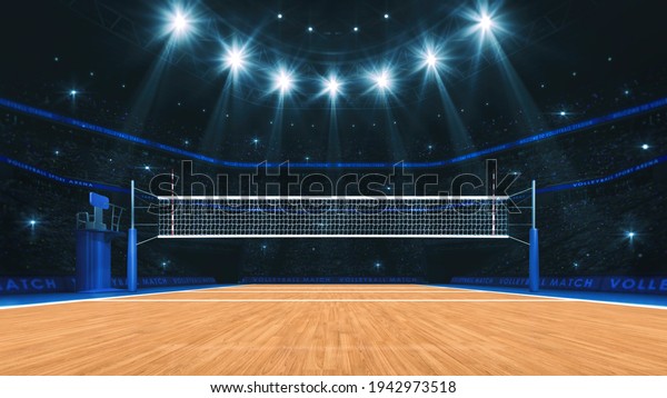 Sport arena interior and professional\
volleyball court and crowd of fans around. Player\'s view of the net\
from the front. Digital 3D\
illustration.