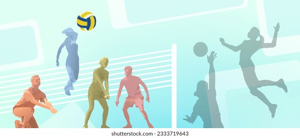 Sport Background with exercise. Beach volleyball coaches are serving balls and groups of youth athletes are practicing during the holidays. illustration, Green background, SSTKsports - Powered by Shutterstock