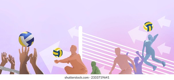 Sport Background with exercise. Volleyball coach training is serving the ball to a team of youth athletes. illustration, Purple background, SSTKsports - Powered by Shutterstock