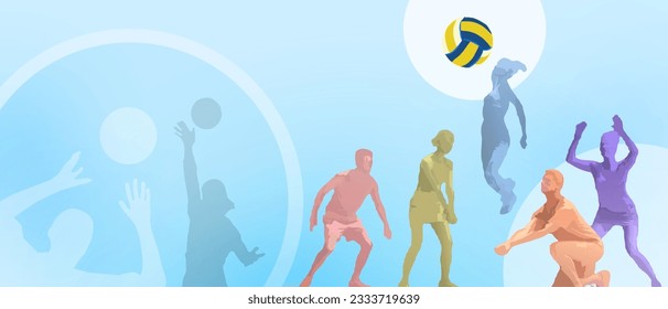 Sport Background with healthy exercise. Volleyball coach is serving the ball and a group of young athletes. illustration, Blue background, SSTKsports - Powered by Shutterstock