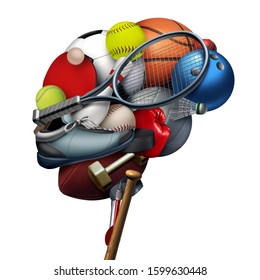 Sport Brain And Sports Psychology Concept As A Group Of Exercise Equipment As A Thinking Organ For Psychological Health As Exercising To Improve Cognitive Ability With 3D Illustration Elements.