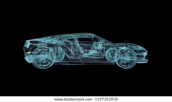 Sport Car Hologram Wireframe. Nice 3D Render\
on a black\
background