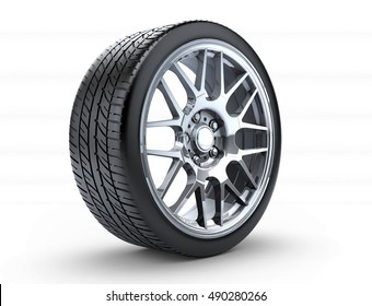 Sport Car Wheel. A Single Car Tire Or Tyre. On A White Background. 3d Render Illustration High Resolution