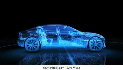 Sport car wire model with blue neon ob black background. 3d render