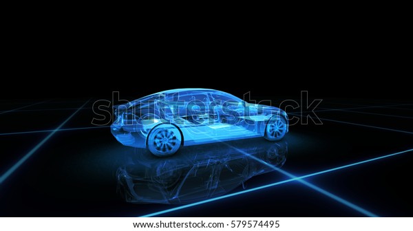 Sport car wire model with blue neon ob black\
background. 3d\
render