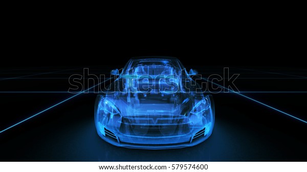 Sport car wire model with blue neon ob black\
background. 3d\
render