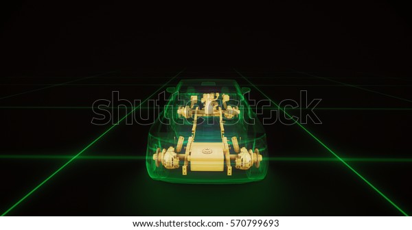 Sport car wire model with green neon ob black\
background. 3d\
render