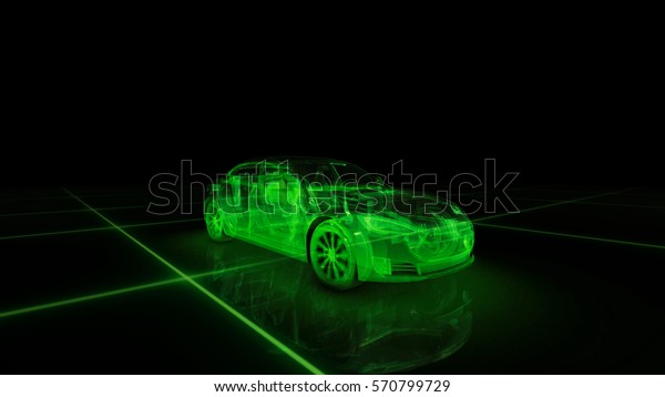 Sport car wire model with green neon ob black
background. 3d
render
