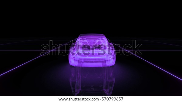 Sport car wire model with purple neon ob black\
background. 3d\
render