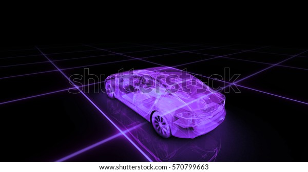 Sport car wire model with purple neon ob black\
background. 3d\
render
