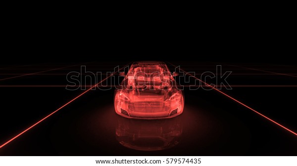 Sport car wire model with red neon ob black\
background. 3d\
render