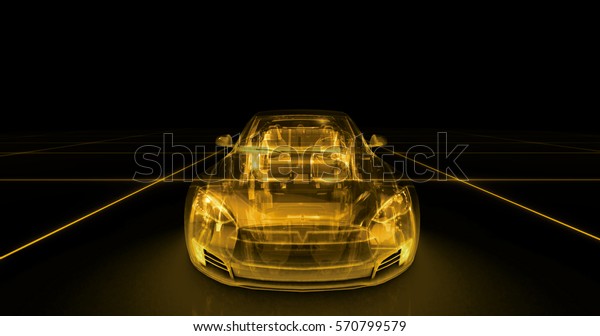 Sport car wire model with yellow neon ob black\
background. 3d\
render