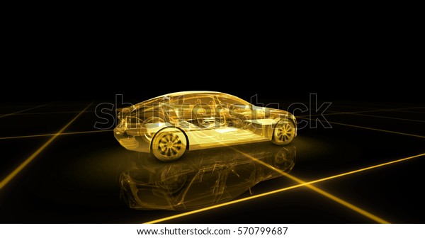 Sport car wire model with yellow neon ob black\
background. 3d\
render