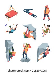 Sport Climbers. Active Lifestyle People Mountain Rock Team Sportsmen Healthy Persons Garish Climbers Set Isolated