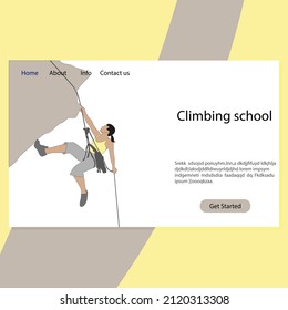 Sport Climbing School Landing Page, Extreme Guide. Mountaineering Service Website, Hanf On Cliff, Study Climber To Mountain Illustration