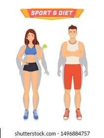 Sport and diet poster with people losing weight. Transformation of human body, woman eating healthy food, fruit apple and man with muscles raster
