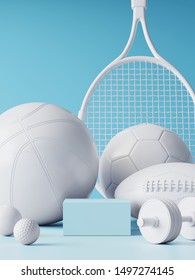 Sport equipment background for healthy lifestyle packaging presentation. Set of sport items on blue background. 3d rendering illustration.