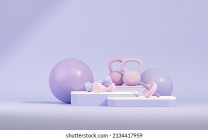 Sport equipment background for healthy lifestyle packaging presentation. Sport bag, bottle, dumbbell on pastel pink and very peri background. Trendy 3d render for fitness, lifting in the gym.	 - Powered by Shutterstock